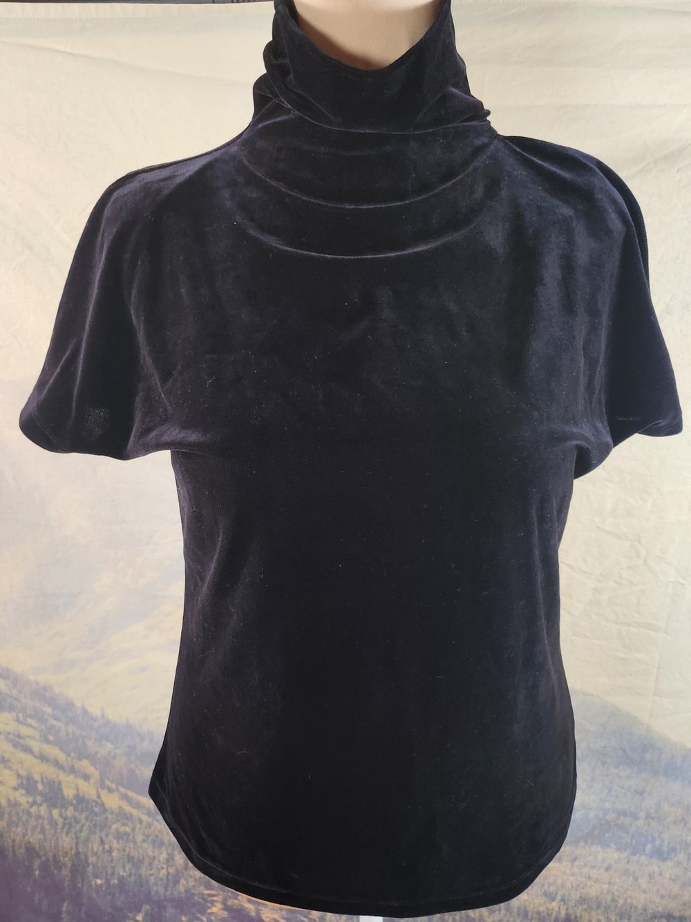 Vintage Talbots Black Velvet Short-Sleeve Mock Turtleneck Large L